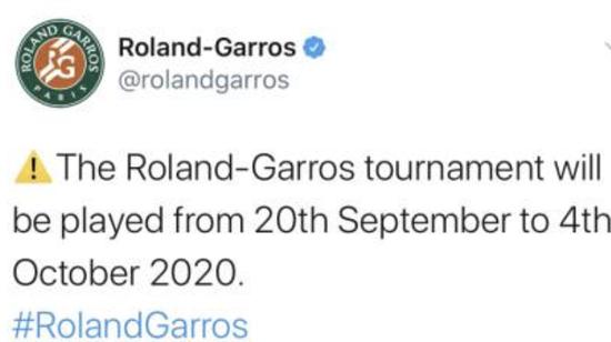 法网宣布延期至9月美网后开赛 与中国赛季"撞车"