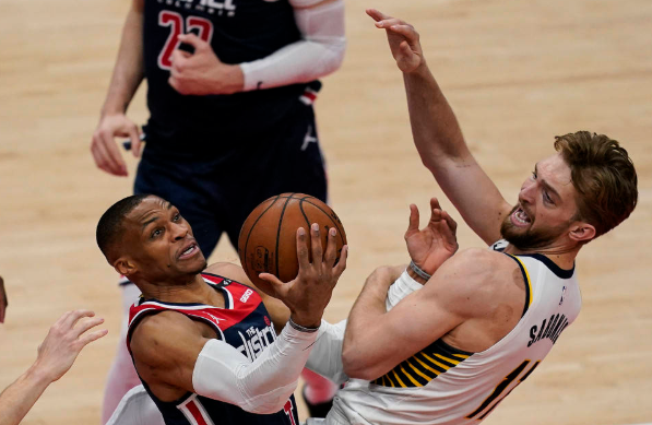 奇才多点开花154-143击败步行者 威少双20三双小萨空砍32+20 奇才多点开花154-143击败步行者 威少双20三双小萨空砍32+20