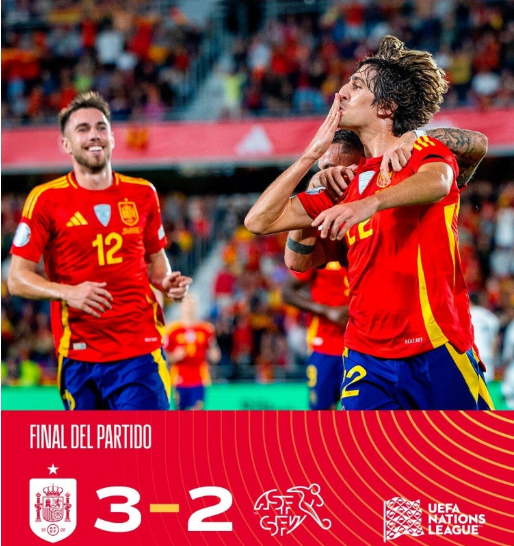 欧国联-西班牙3-2瑞士2024年12胜1平全年不败 萨拉戈萨补时点杀 欧国联-西班牙3-2瑞士2024年12胜1平全年不败 萨拉戈萨补时点杀