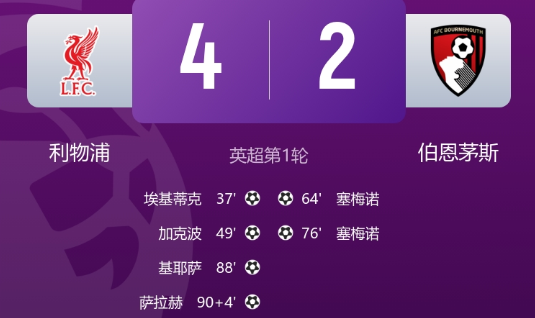 英超-利物浦揭幕战4-2伯恩茅斯 埃基蒂克传射